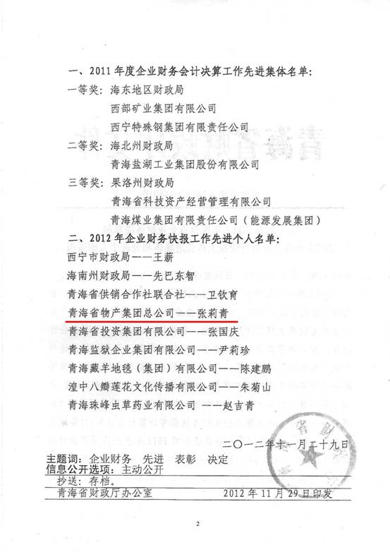 物產(chǎn)集團(tuán)榮獲2011年度財務(wù)決算先進(jìn)單位、2012年度財務(wù)快報工作先進(jìn)個人表彰